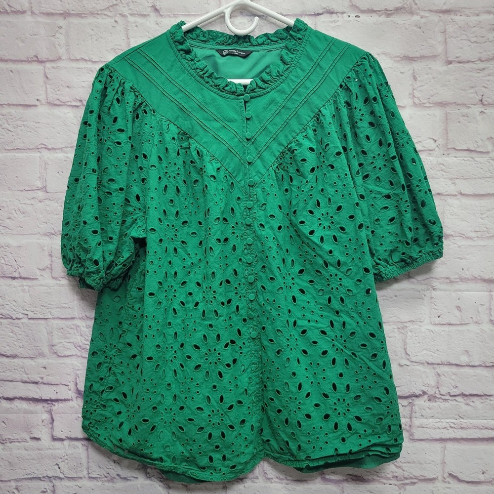 Pretty Garden Green Eyelet Blouse XXL Cottage Puff Sleeve Prairie Coquette Boho